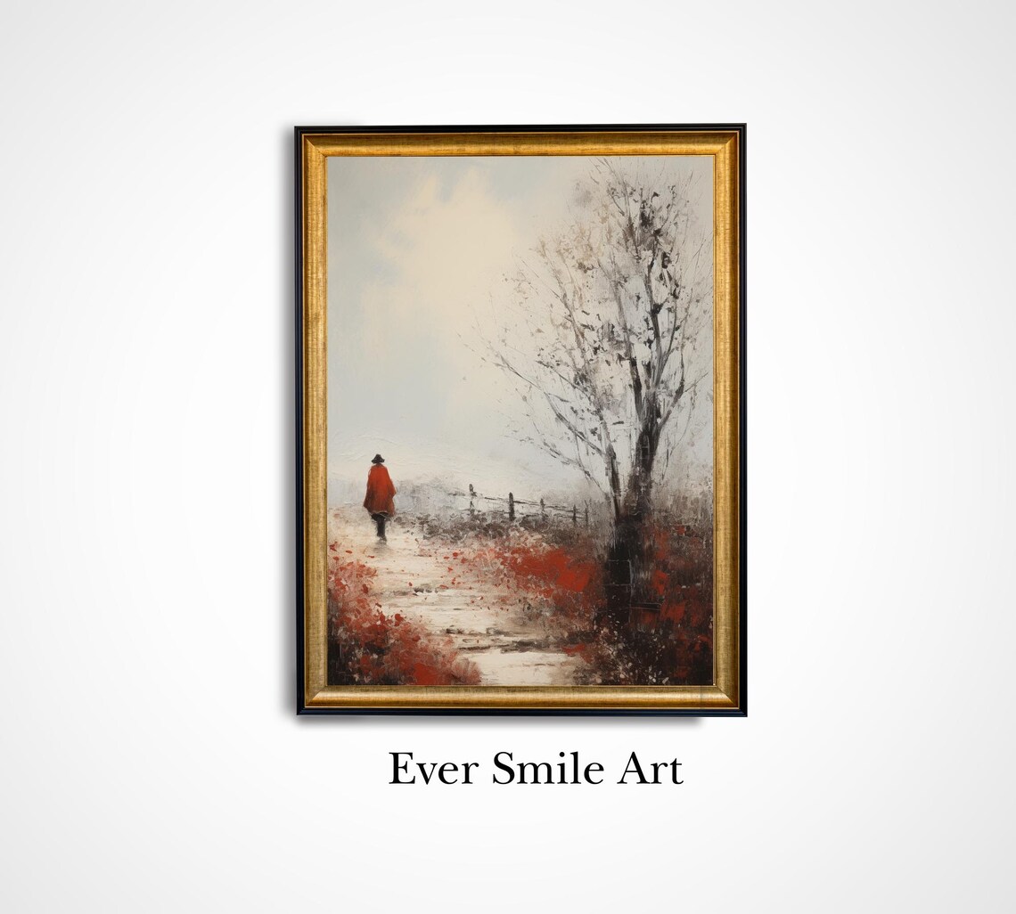 Red Coat Winter Walker Snowy Path Vintage Oil Painting Wall Art