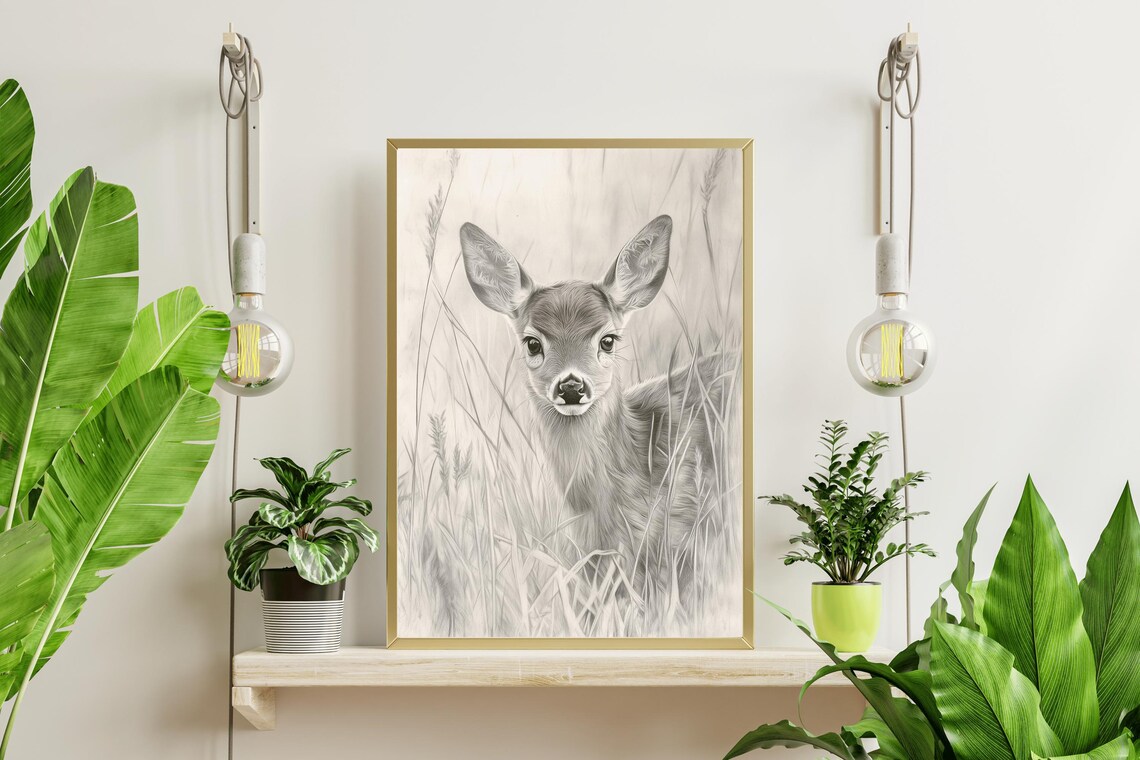 Baby Deer Fawn Pencil Sketch Vintage Forest Nursery Wall Art Poster - Image 2