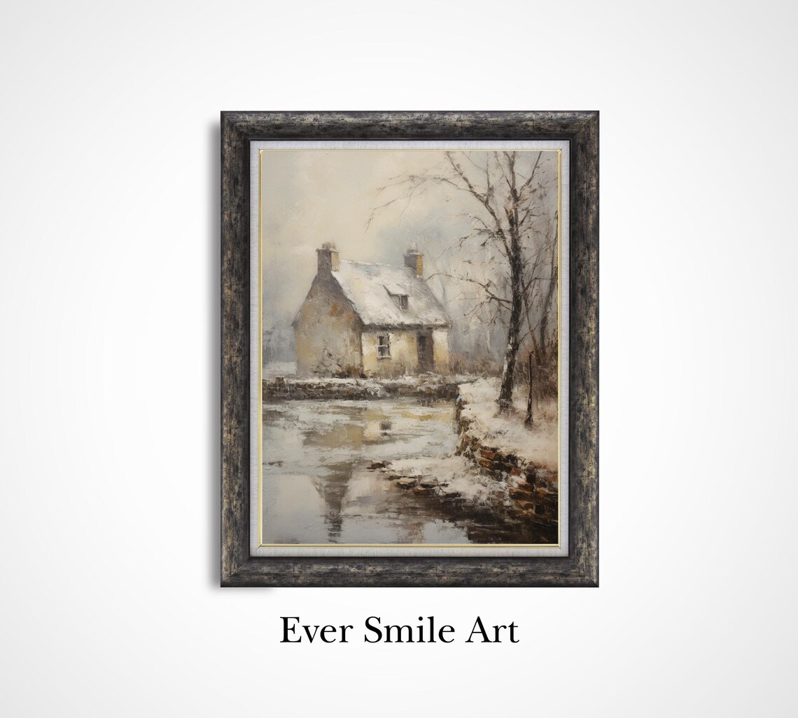 Stone Cottage By Winter Pond Reflection Vintage Oil Painting Print