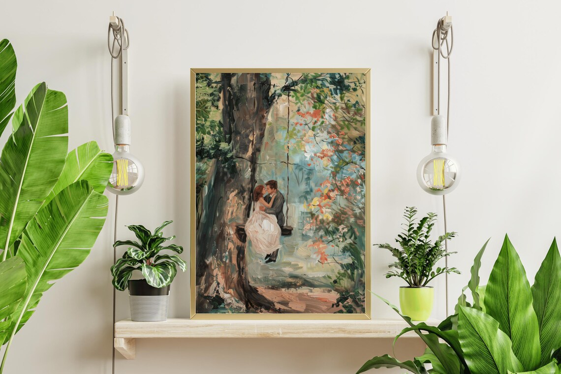Couple Kissing On Tree Swing Romantic Vintage Wedding Art Poster - Image 4