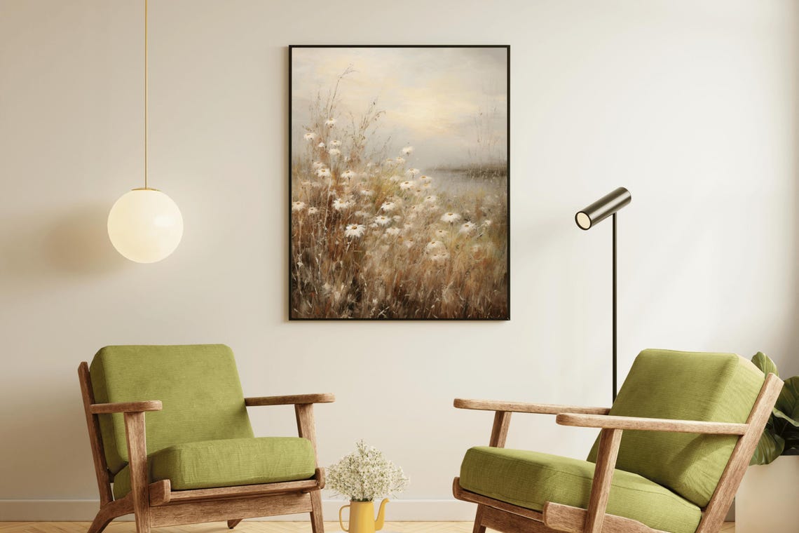 White Daisies Golden Grass Misty Shore Soft Neutral Floral Art Poster - Image 2