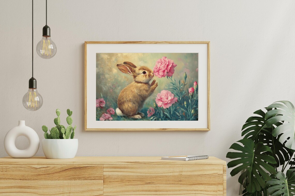 Cute Brown Bunny Sniffing Pink Carnations Vintage Oil Painting Nursery Wall Poster - Image 4