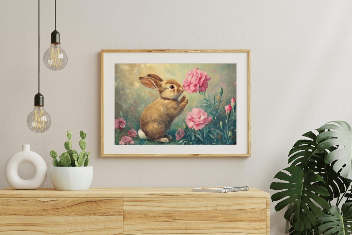 Cute Bunny Wall Art Nursery Decor Childrens Room Decor Whimsical Rabbit Art Pink Carnation Gift Rabbit Print Art - Image 4