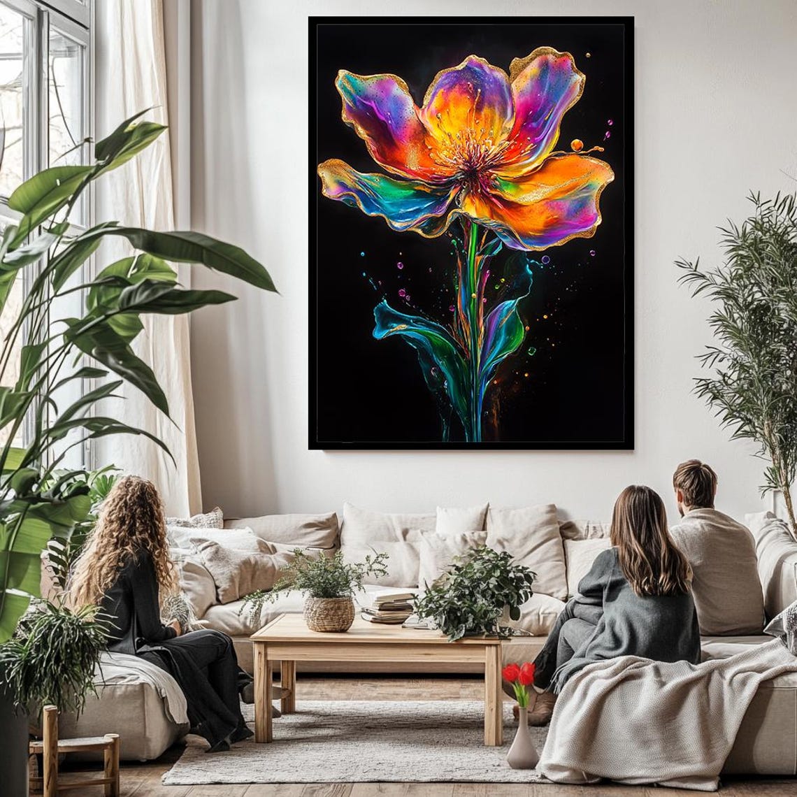 Vibrant Multicolor Flower Ink Art Black Background Bold Floral Poster - Image 3