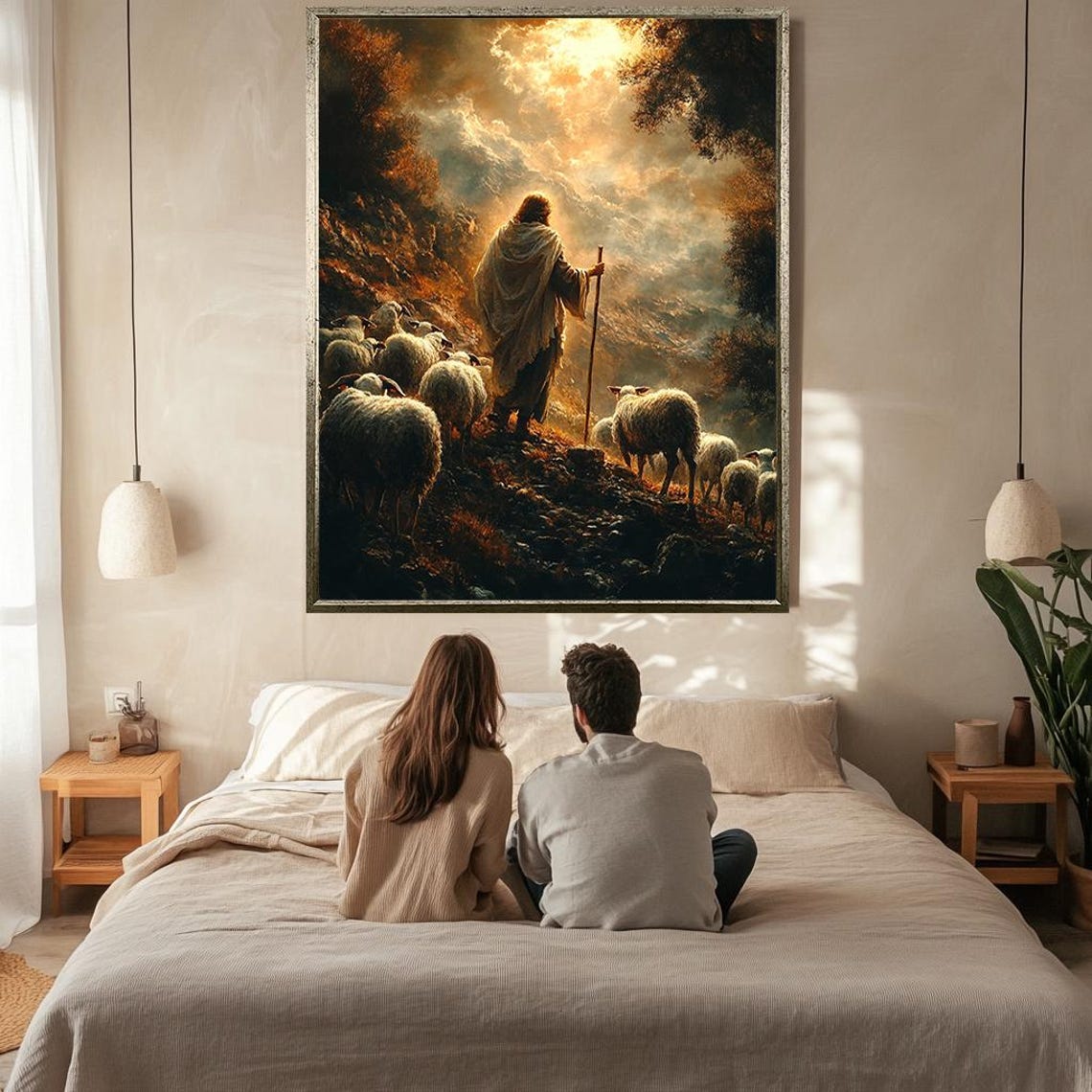 Good Shepherd Jesus Leading Flock Down Mountain At Dusk Poster - Image 2