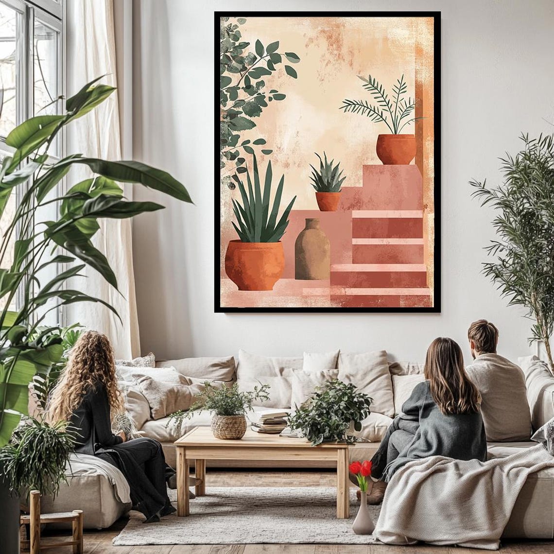 Terracotta Potted Plants Warm Botanical Illustration Stairs Art Poster - Image 3