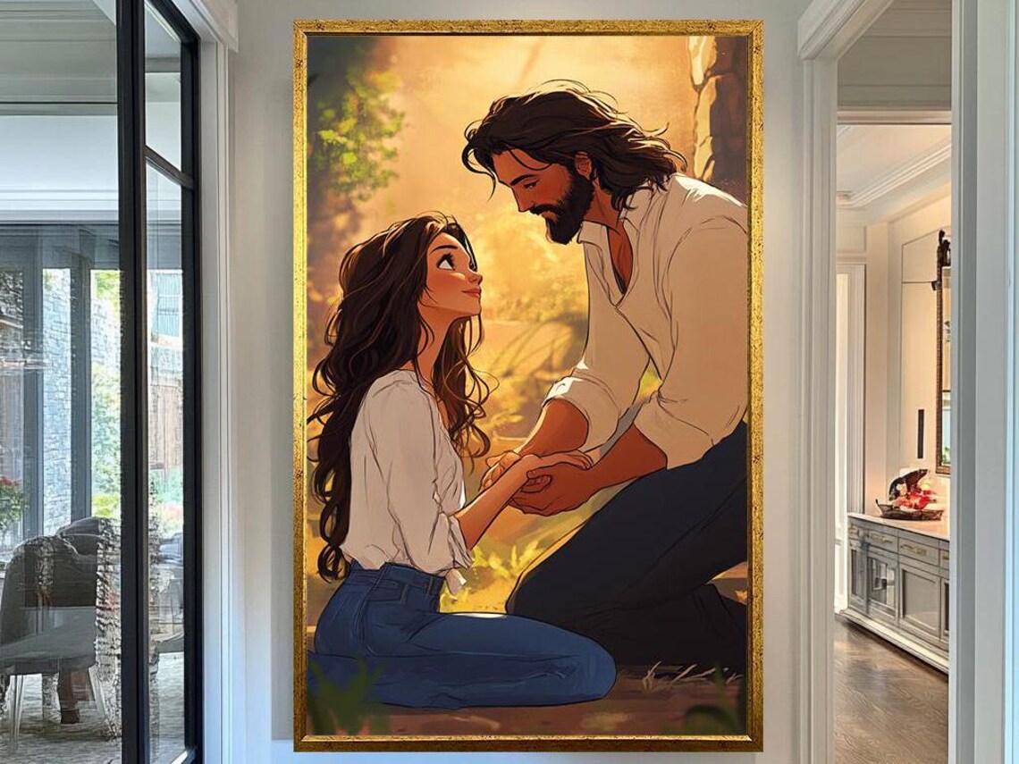Jesus Comforting Woman Holding Hands Warm Golden Light Christian Print