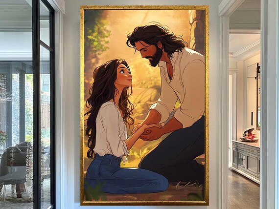 Jesus Comforting Woman Holding Hands Warm Golden Light Christian Print