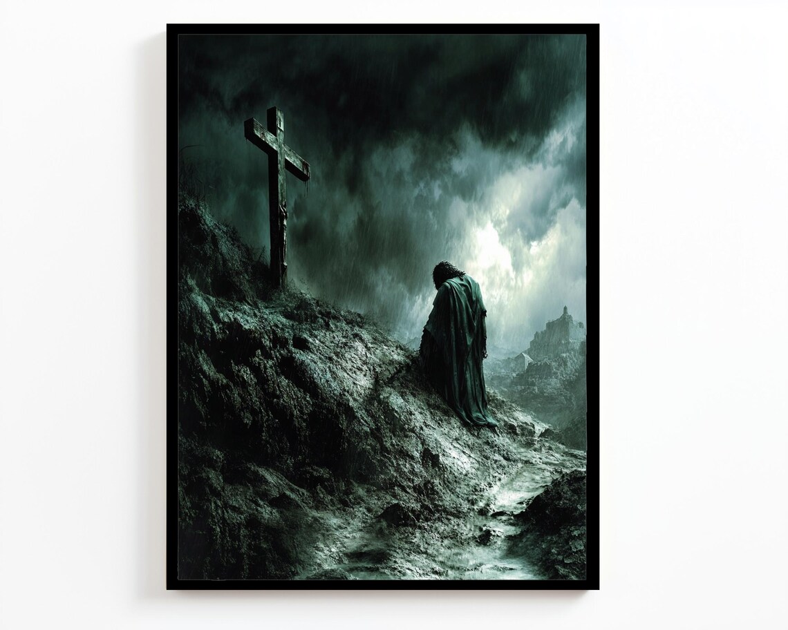 Jesus Approaching The Cross On Stormy Dark Mountain Rock Art Poster - Image 4