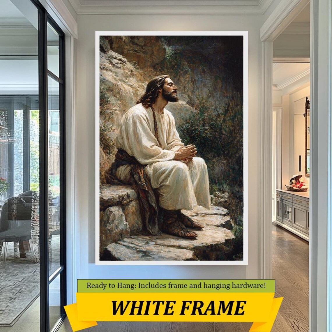 Jesus In Quiet Contemplation Seated On Rocks Peaceful Prayer Art Poster - Image 3