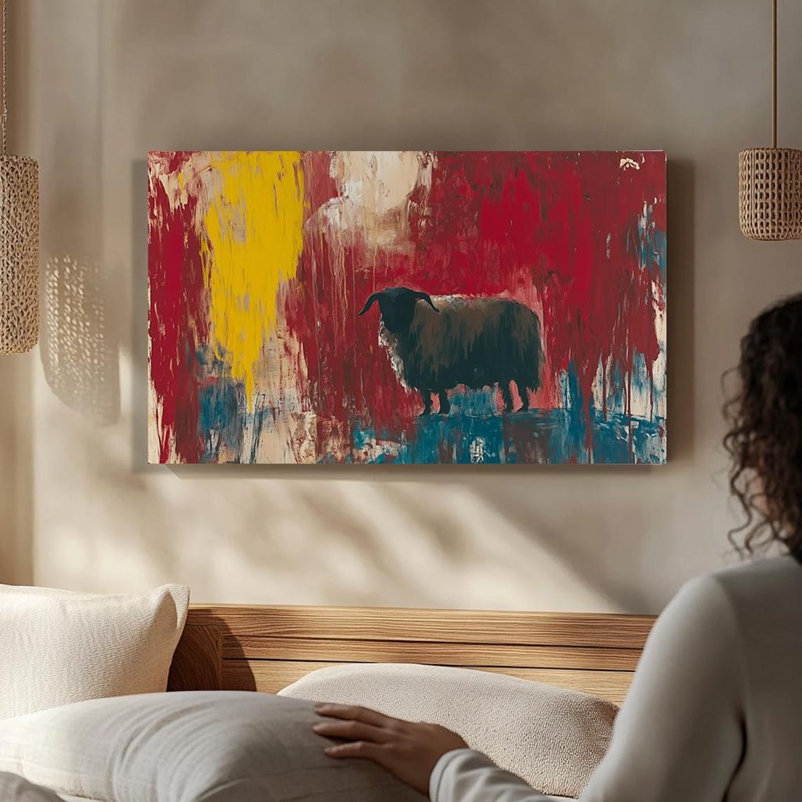 Black Sheep Silhouette Red Yellow Abstract Rustic Farm Animal Poster - Image 3