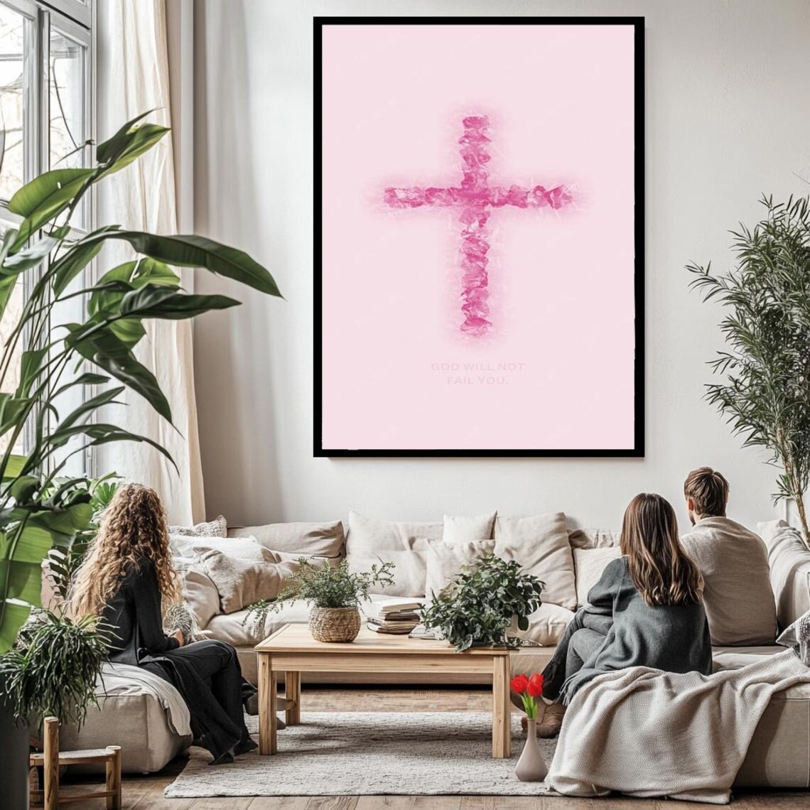 Pink Watercolor Cross God Will Not Fail You Faith Quote Wall Art - Image 2