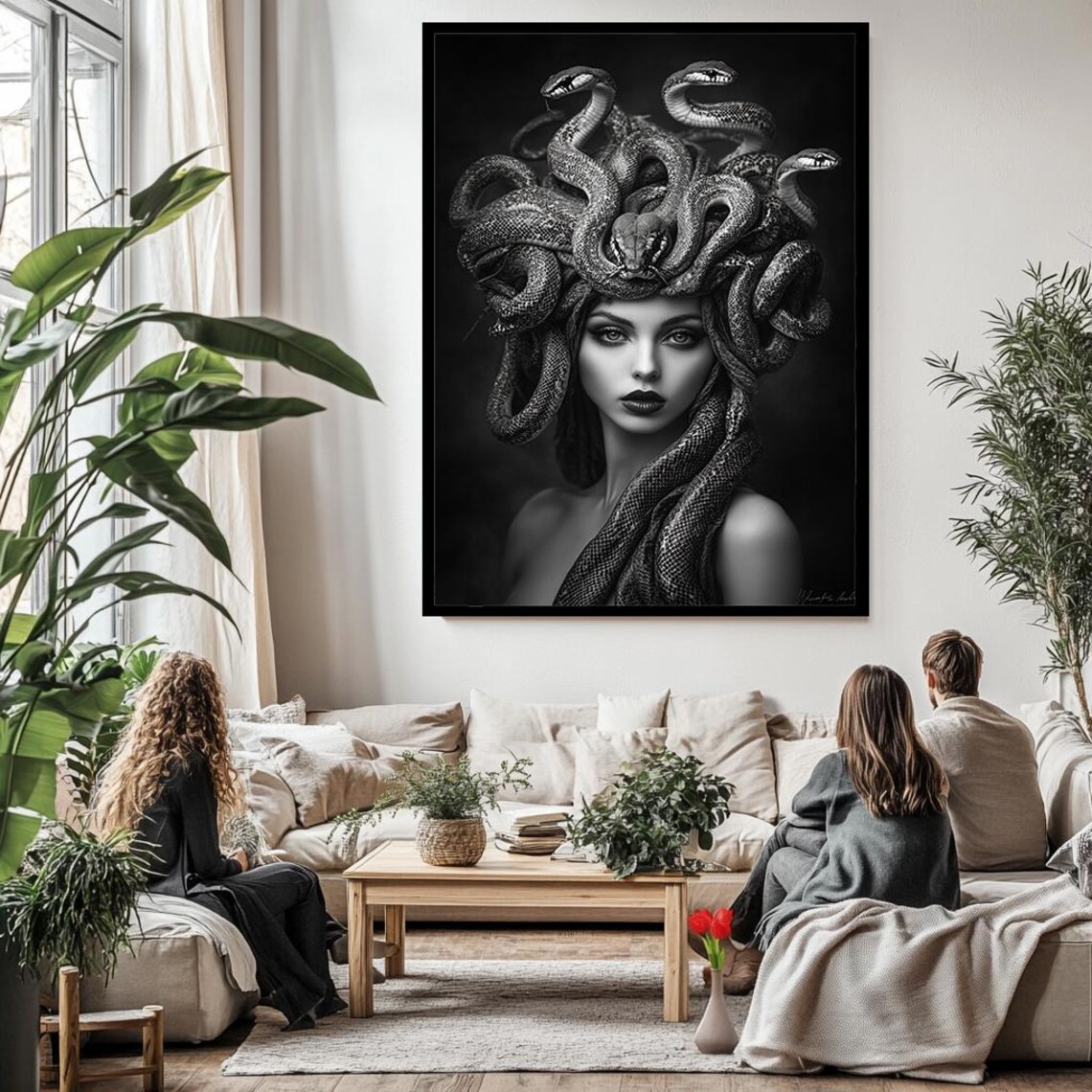 Medusa Black And White Snake Hair Mythology Gothic Portrait Poster - Image 3
