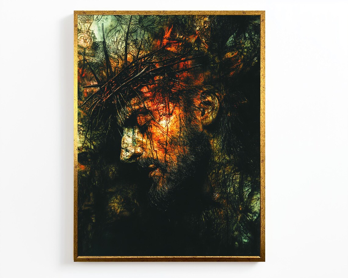 Jesus Crown Of Thorns Fiery Abstract Portrait Red Orange Art Poster - Image 4