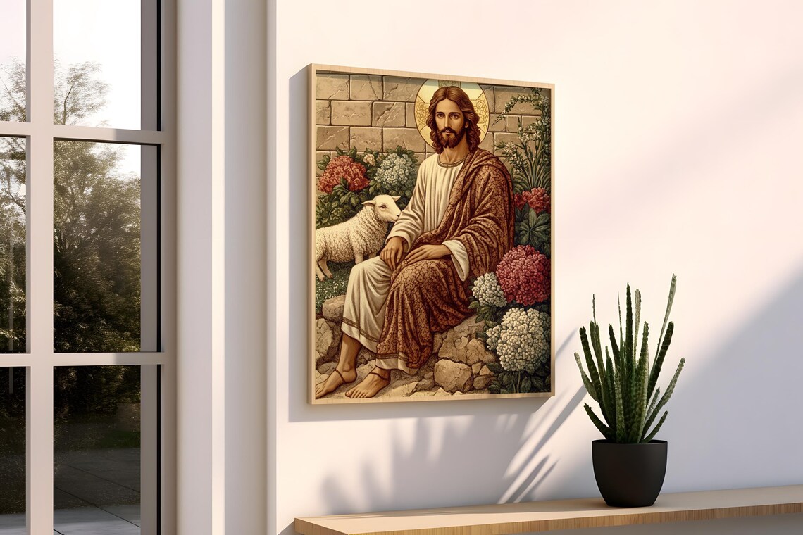 Jesus Christ Seated With Lamb Garden Stone Wall Faith Art Wall Poster - Image 3