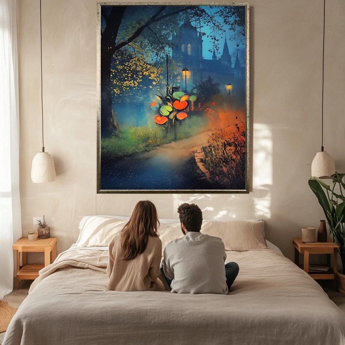 Misty Night Church Street Lamplight Romantic Blue Painting Poster - Image 2