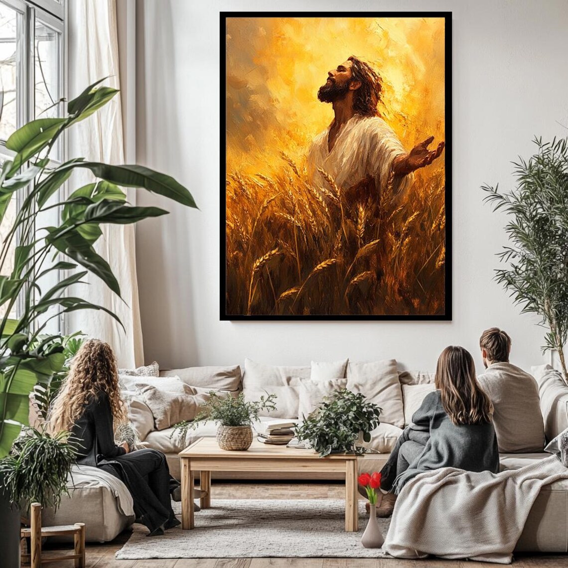Jesus Standing In Golden Wheat Field Arms Open To Heaven Poster - Image 2