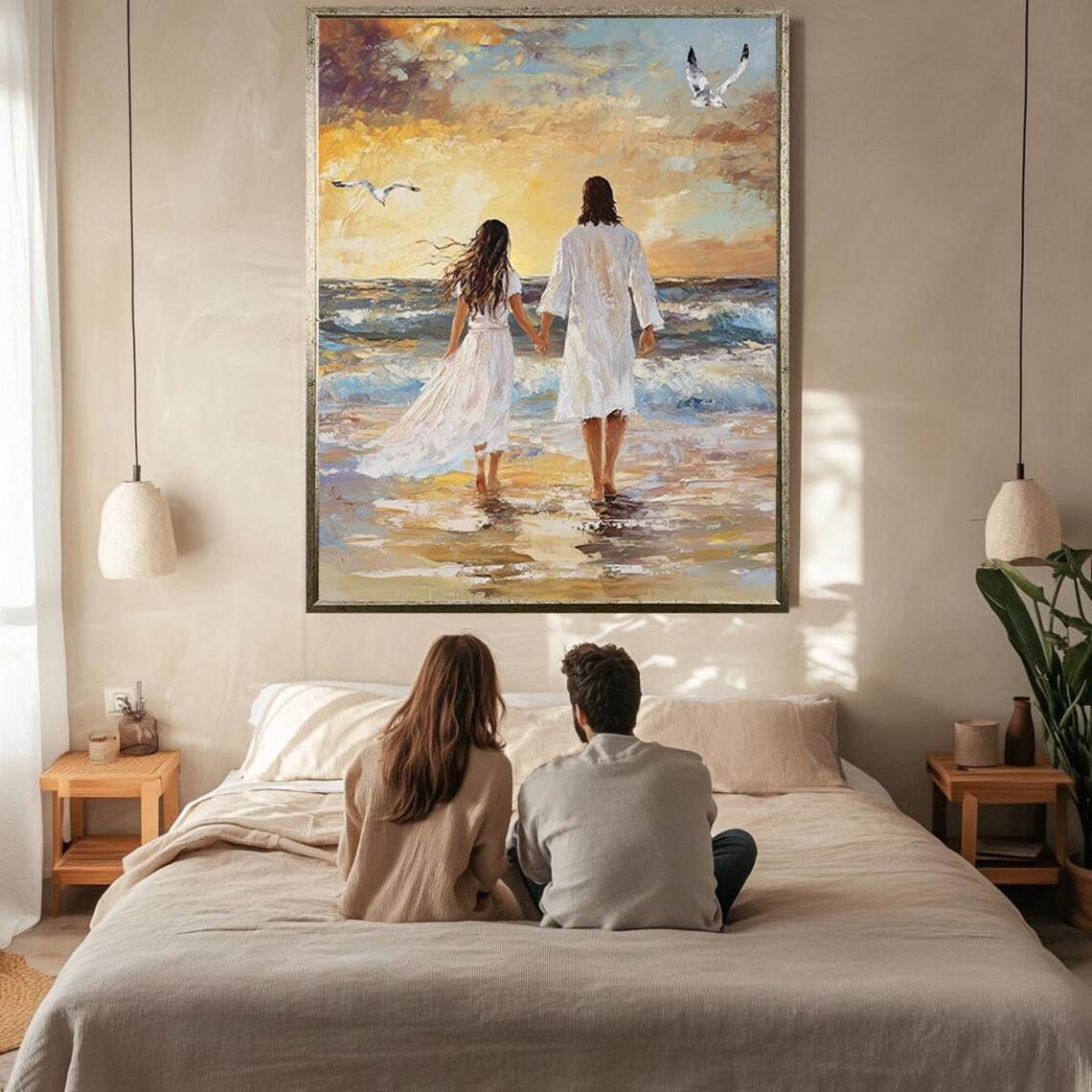 Jesus Walking Hand In Hand With Woman Sunset Beach Romantic Coastal Poster - Image 2