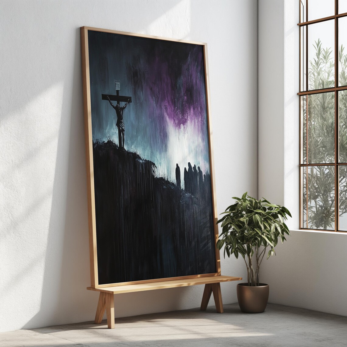 Crucifixion Cross Silhouette On Cliff Purple Stormy Sky Art Poster - Image 3