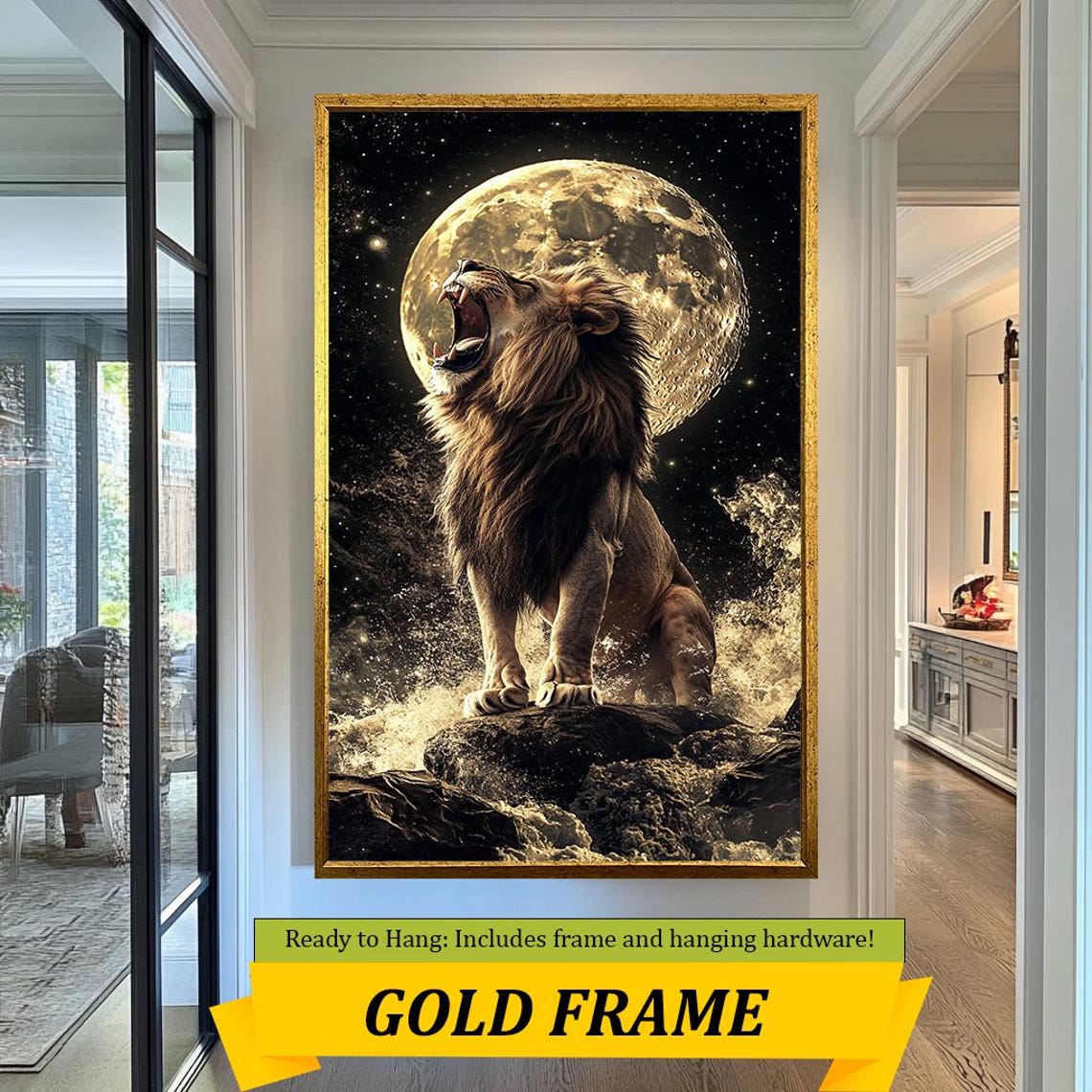 Majestic Roaring Lion Before Giant Full Moon Starry Night Wall Art - Image 5