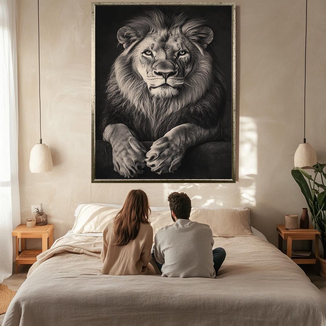 Black And White Lion Portrait Paws Resting Dark Majestic Wall Art - Image 2
