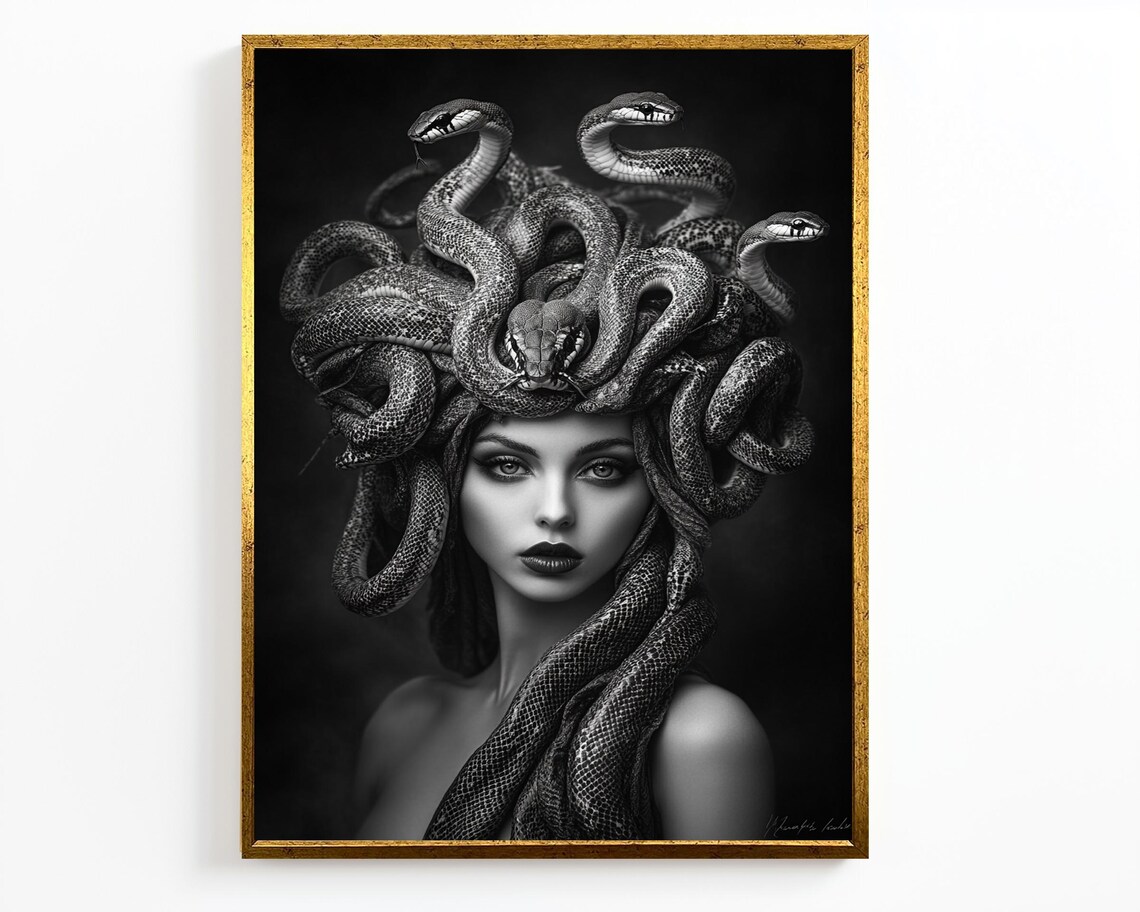 Medusa Black And White Snake Hair Mythology Gothic Portrait Poster - Image 4