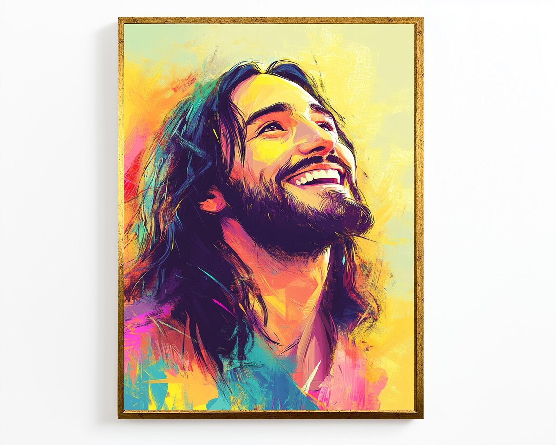 Smiling Jesus Christ Colorful Pop Art Portrait Yellow Pink Modern Poster - Image 4