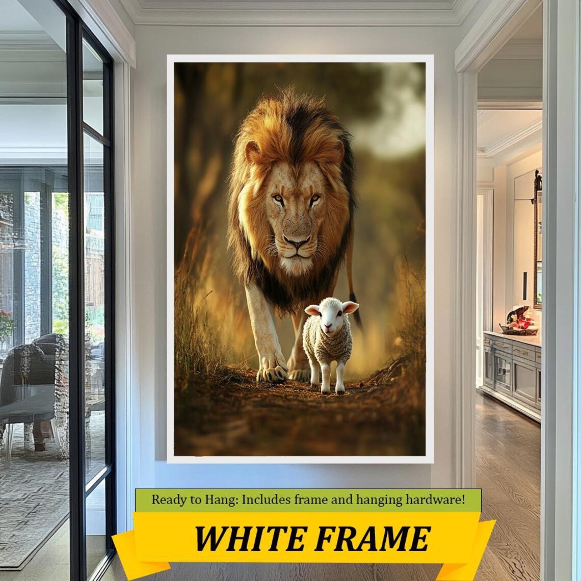 Lion And Lamb Walking Golden Savanna Light Framed Faith Artwork Poster - Image 3