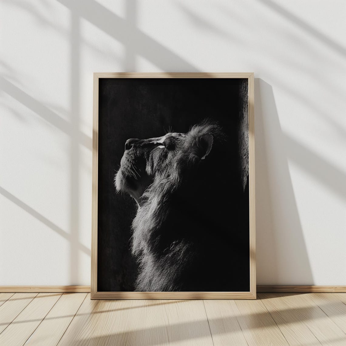 Black And White Lion Profile Looking Up Dramatic Side Light Poster - Image 3