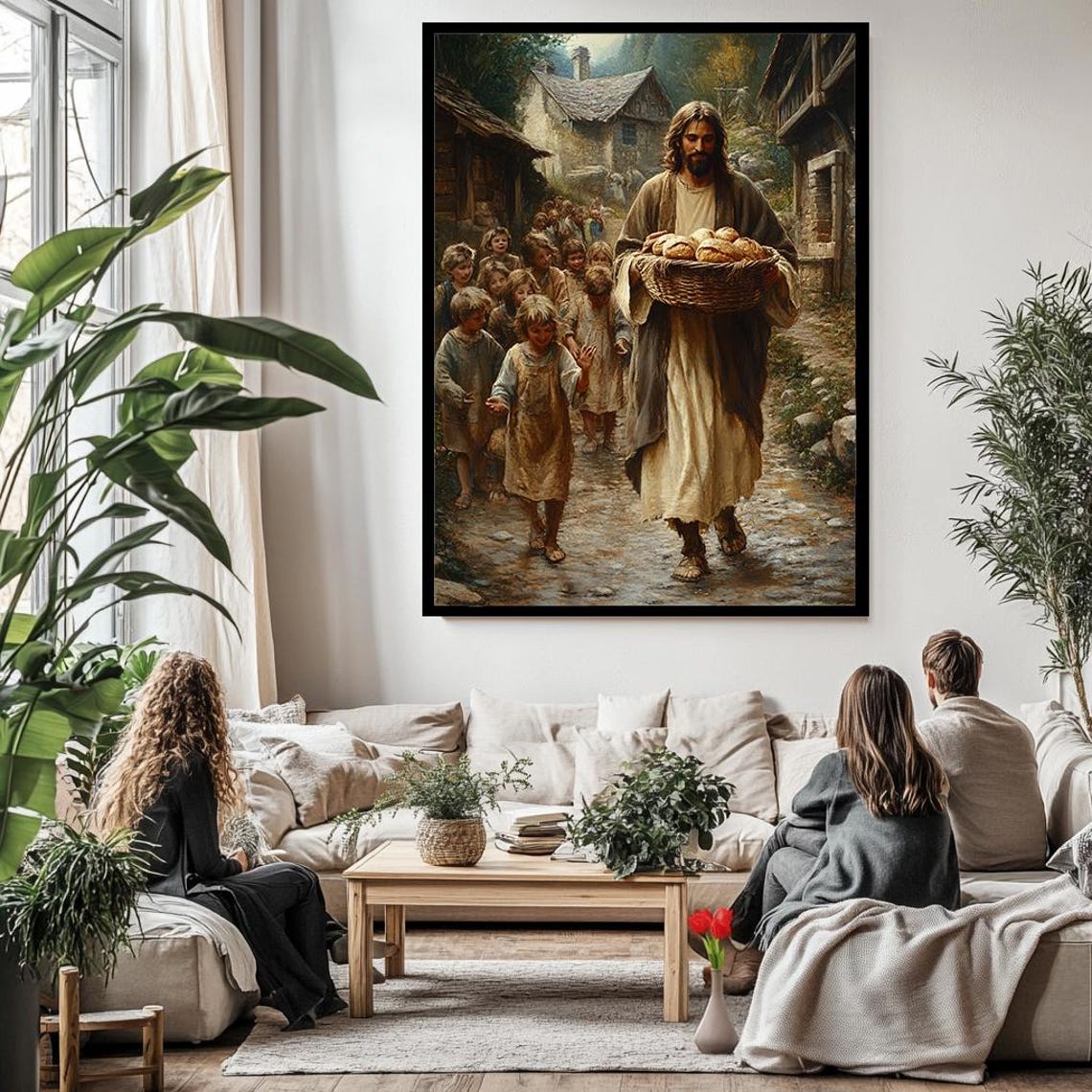 Jesus Carrying Bread Basket Walking With Children Village Scene Poster - Image 3
