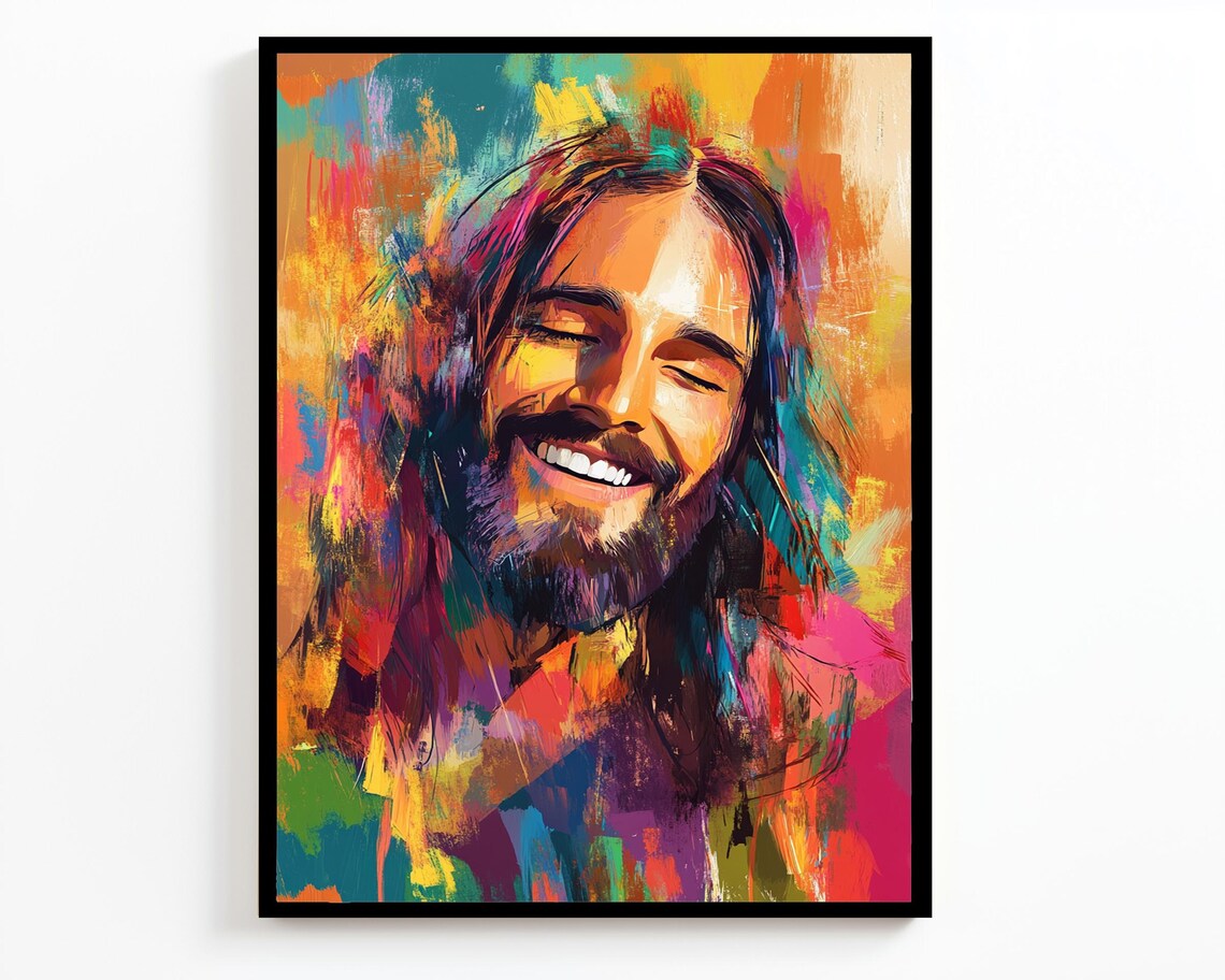Smiling Jesus Christ Eyes Closed Vibrant Abstract Color Portrait Poster - Image 4