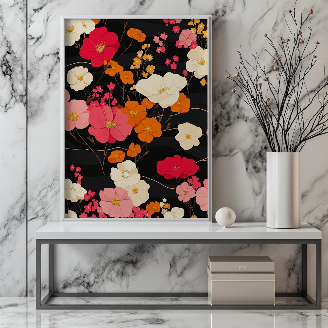 Vibrant Cosmos Floral Pattern Red Pink Orange Blooms Black Wall Art - Image 3