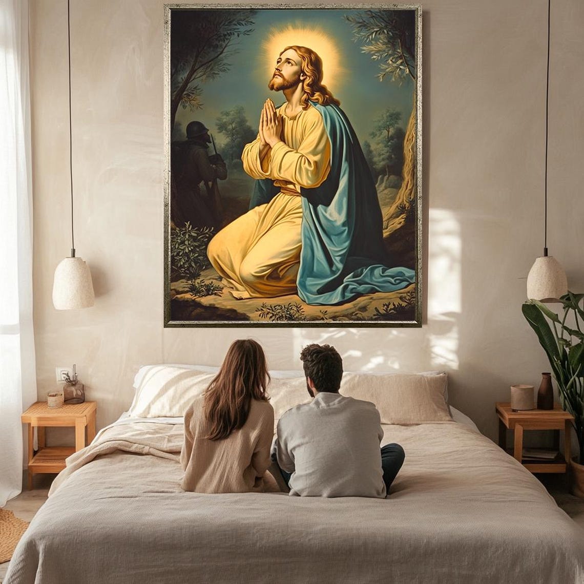 Jesus Christ Praying Gethsemane Halo Kneeling Devotion Art Wall Poster - Image 2