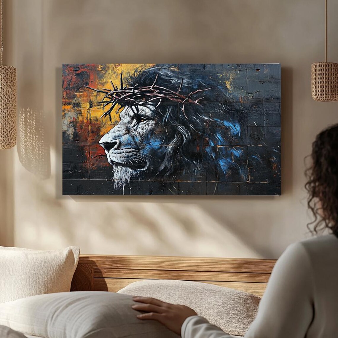 Lion Wall Art Christian Decor Lion With Crown Of Thorns Painting Spiritual Animal Graffiti Mural Religious Street Art Print - Image 4