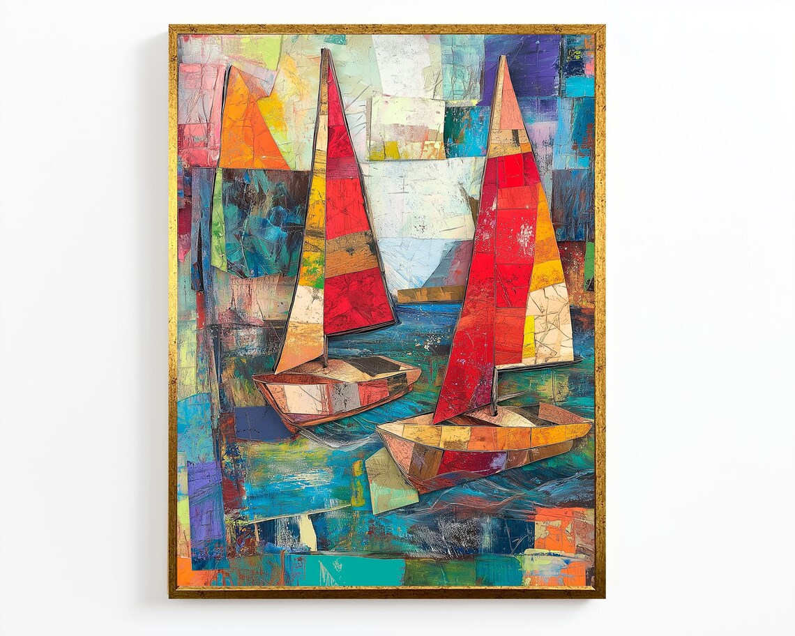 Cubist Sailing Boats Colorful Patchwork Nautical Abstract Art Poster - Image 4