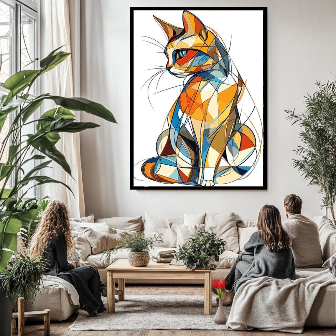 Colorful Geometric Cat Cubist Line Art Modern Feline Wall Poster - Image 3