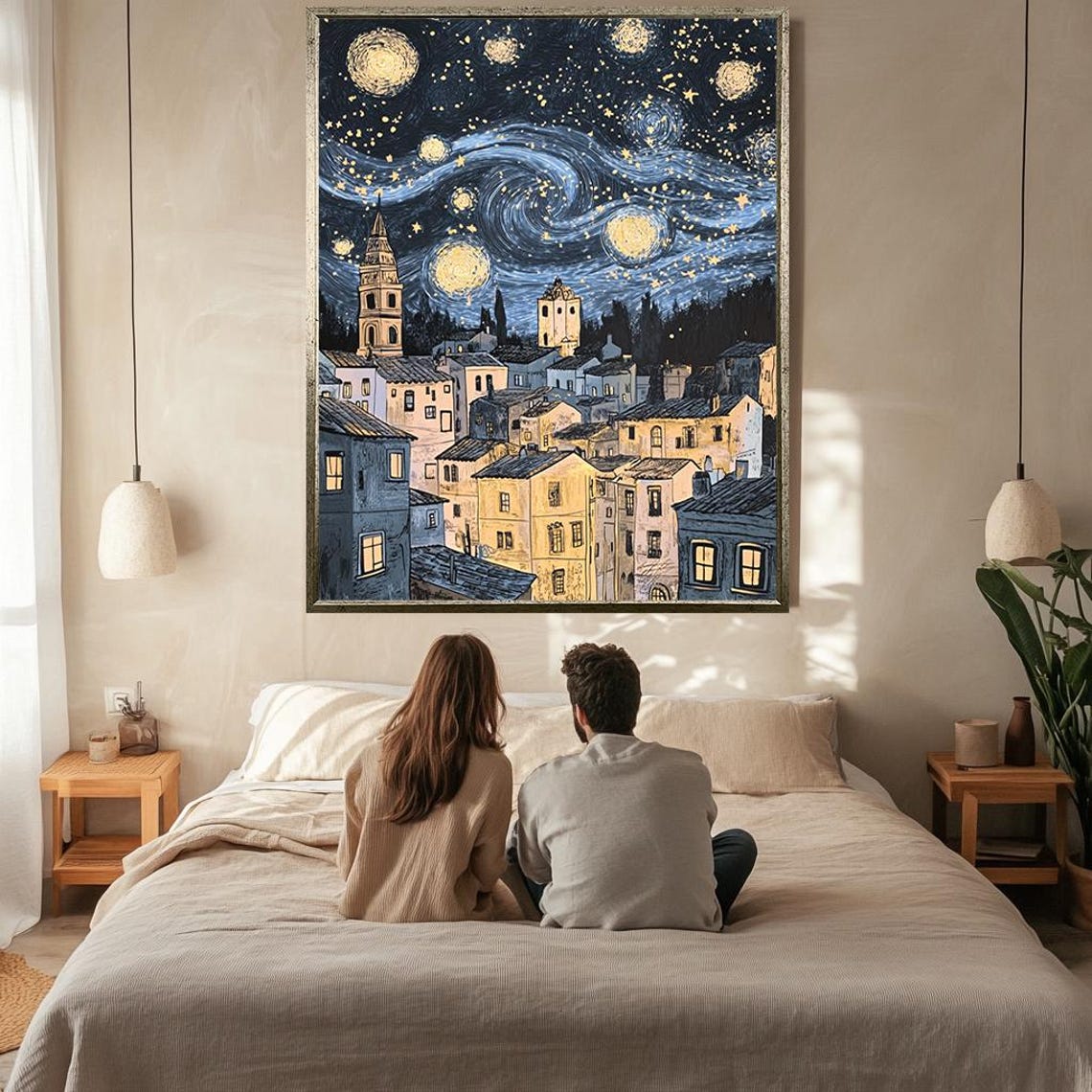 Starry Night Old Town Fantasy Townscape Van Gogh Style Art Poster - Image 2