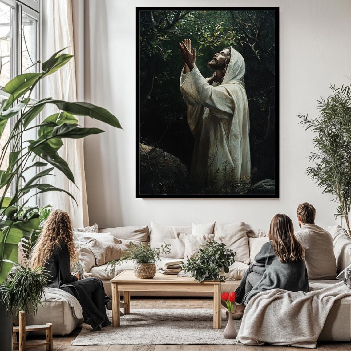 Jesus Praying In Dark Garden Hooded Robe Uplifted Hands Faith Poster - Image 3