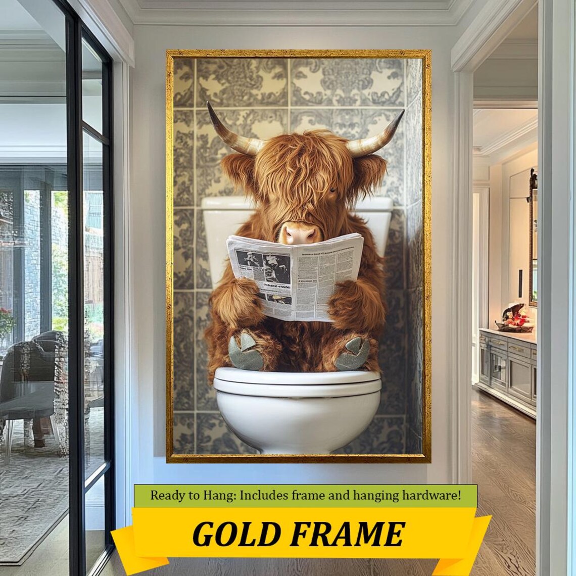 Funny Highland Cow Sitting On Toilet Reading Newspaper Bathroom Poster - Image 5