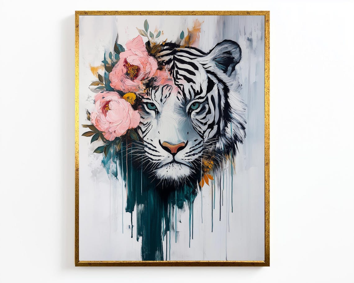 White Tiger Floral Crown Pink Flowers Dripping Paint Wildlife Poster - Image 4
