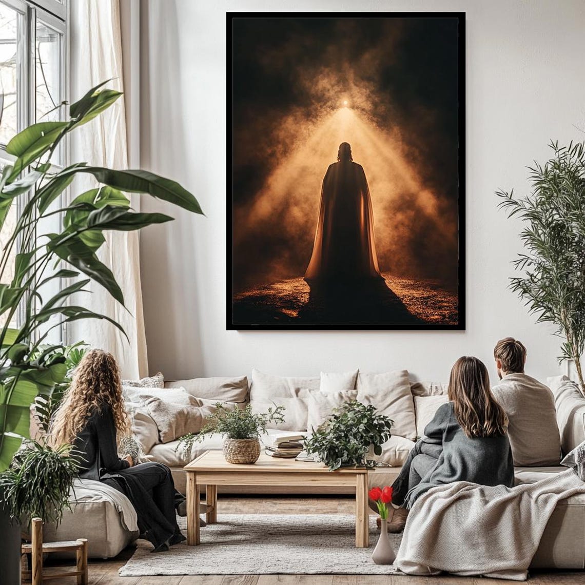 Jesus Silhouette Walking Toward Golden Divine Light Spiritual Poster - Image 3