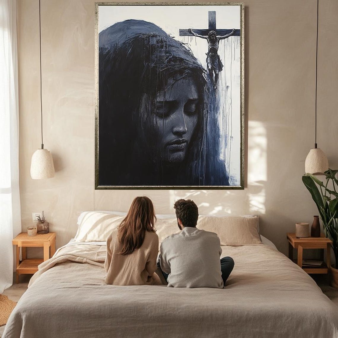 Mourning Veiled Woman Crucifixion Cross Dark Devotional Art Poster - Image 2