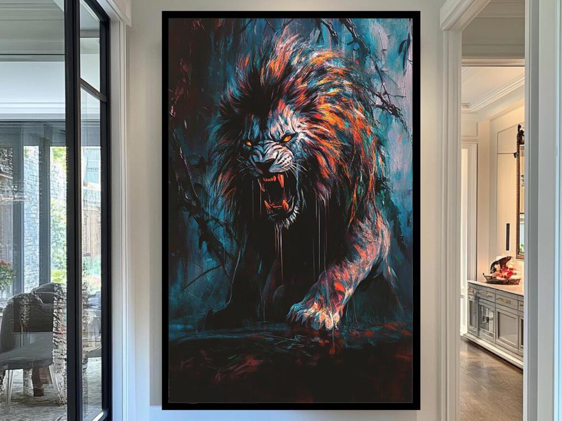 Roaring Lion Dark Jungle Painting Fierce Orange Black Wildlife Poster