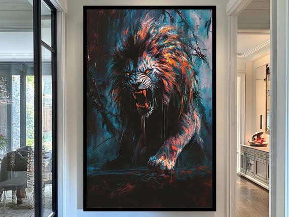 Fierce Lion Art Print Dark Roaring Lion Painting Dramatic Animal Wall Art Vibrant Jungle Wildlife Decor Bold Modern Artwork