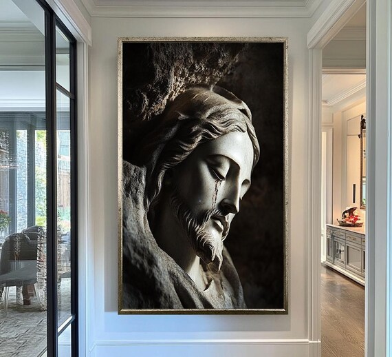 Jesus Christ Weathered Stone Sculpture Face Weeping Close Up Wall Art