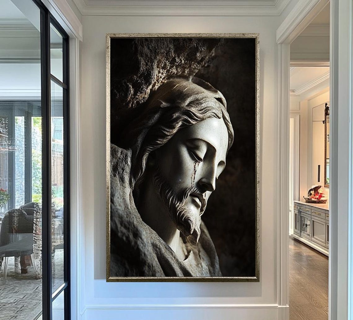 Jesus Christ Weathered Stone Sculpture Face Weeping Close Up Wall Art