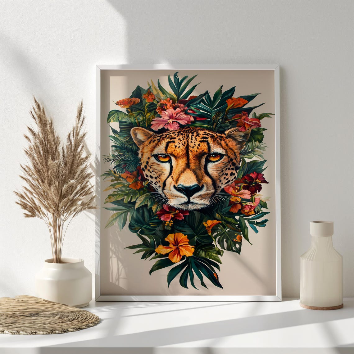 Cheetah Face Tropical Flowers Jungle Botanical Wildlife Wall Poster - Image 4