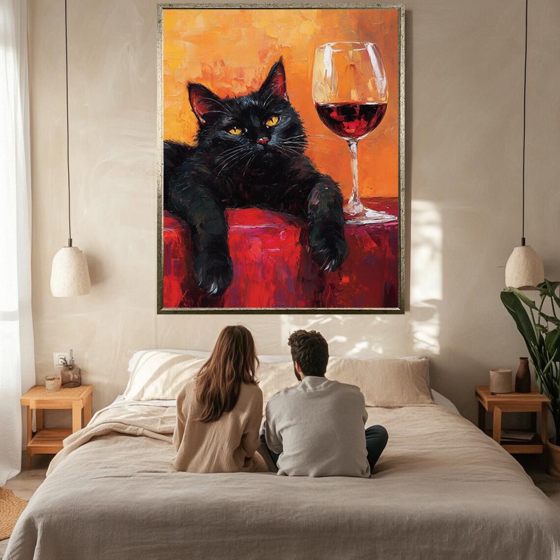 Black Cat With Red Wine Glass Fun Impasto Feline Painting Poster - Image 2