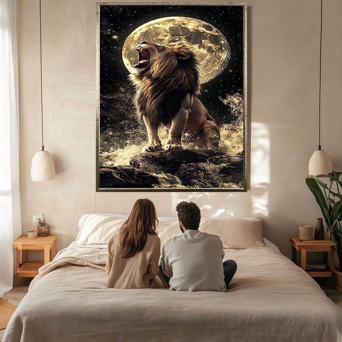 Majestic Roaring Lion Before Giant Full Moon Starry Night Wall Art - Image 2