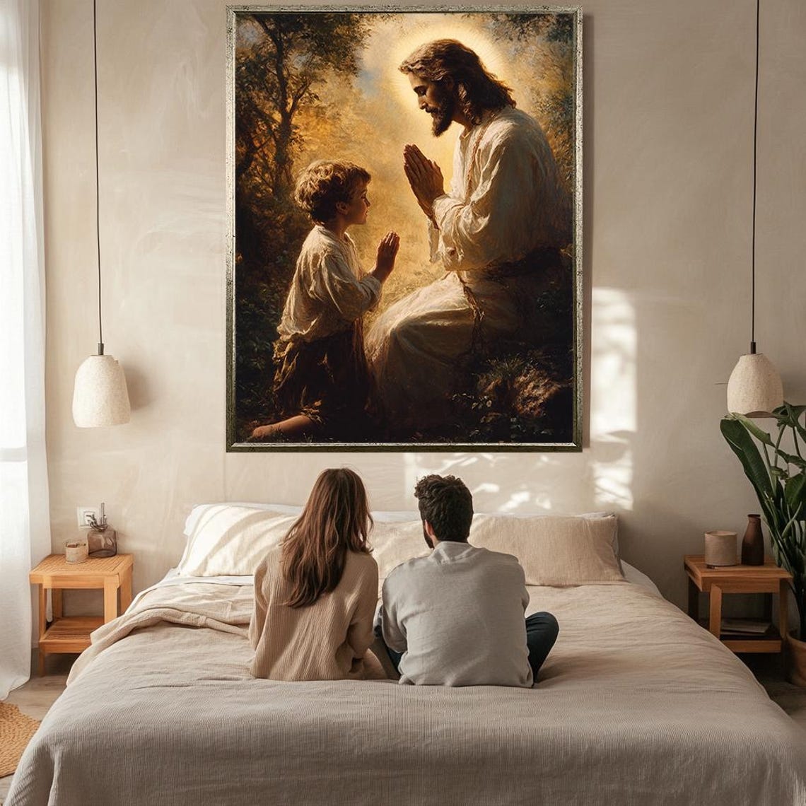 Jesus Praying Together With Young Boy Warm Golden Glow Poster - Image 2